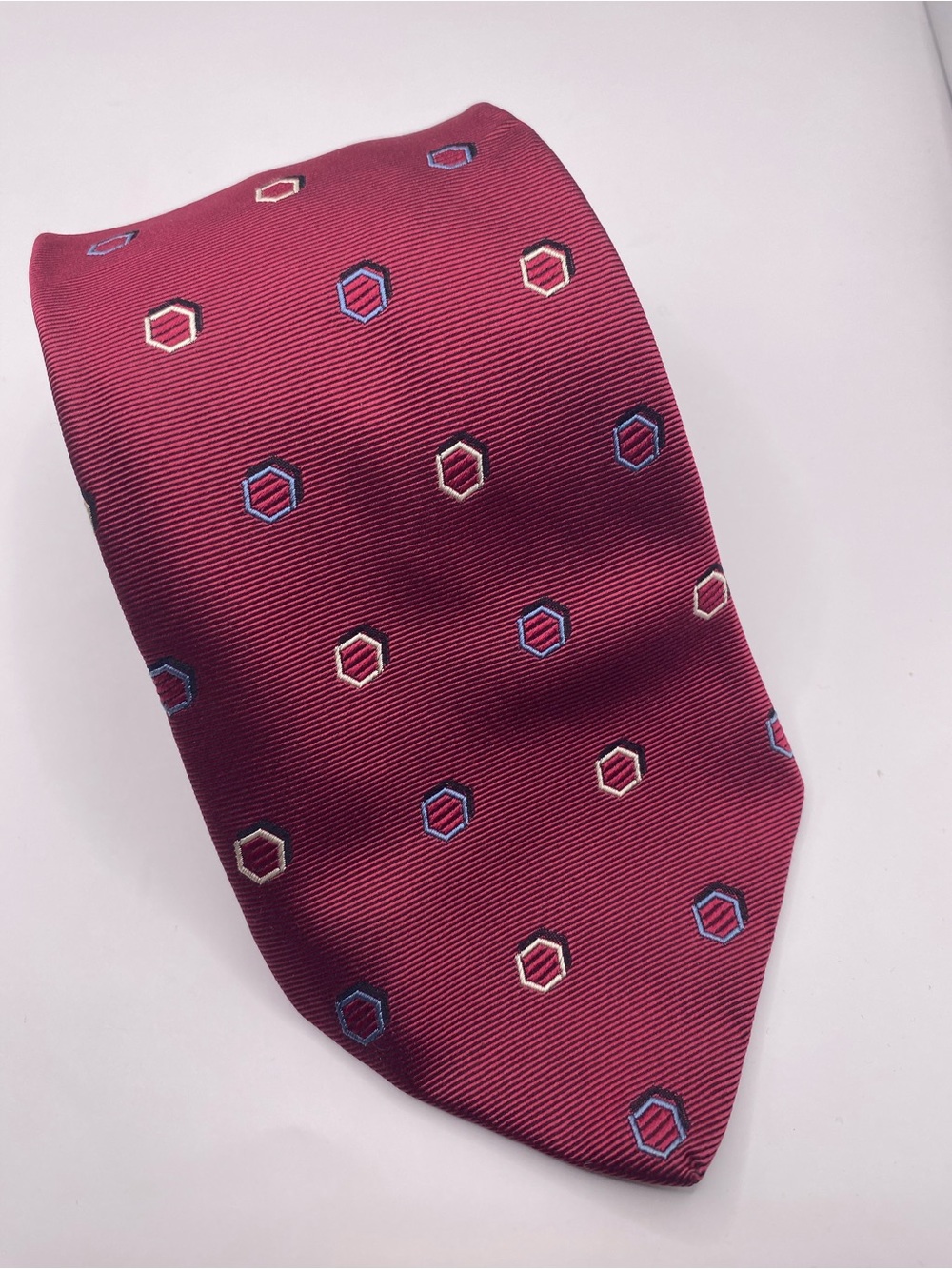 Ermenegildo Zegna Wine Red Hexagon Silk Tie with Blue and Cream Accents